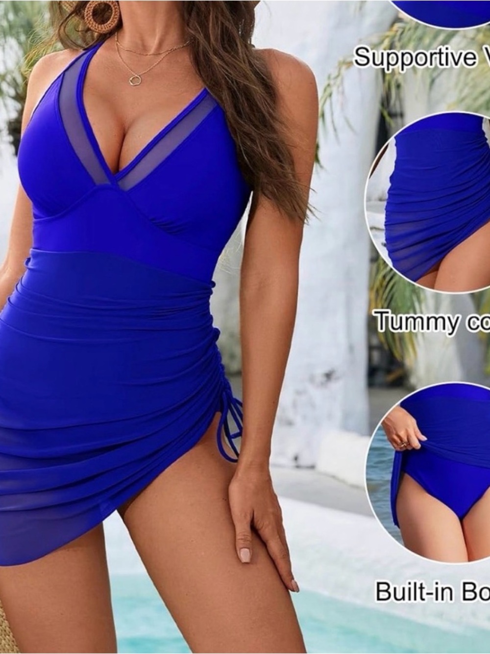 NWT Size XL Blooming Jelly Women's  Blue Ruched Tankini Swim Dress